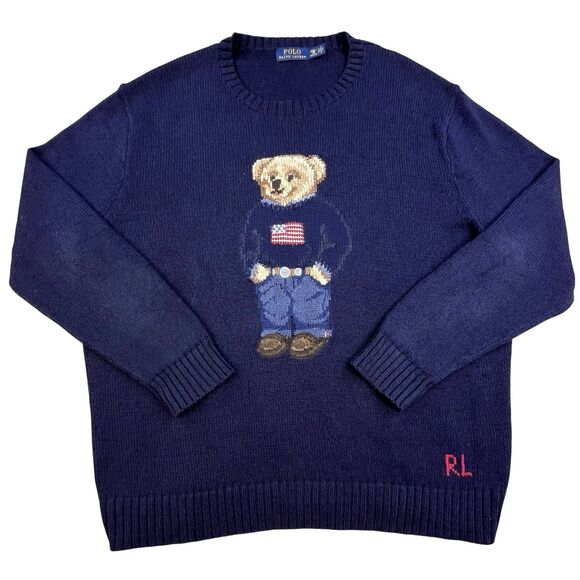 Polo Ralph Lauren Sweater Men's Size 2XB Navy Linen Polo Bear Flag Pullover RL - Picture 1 of 10